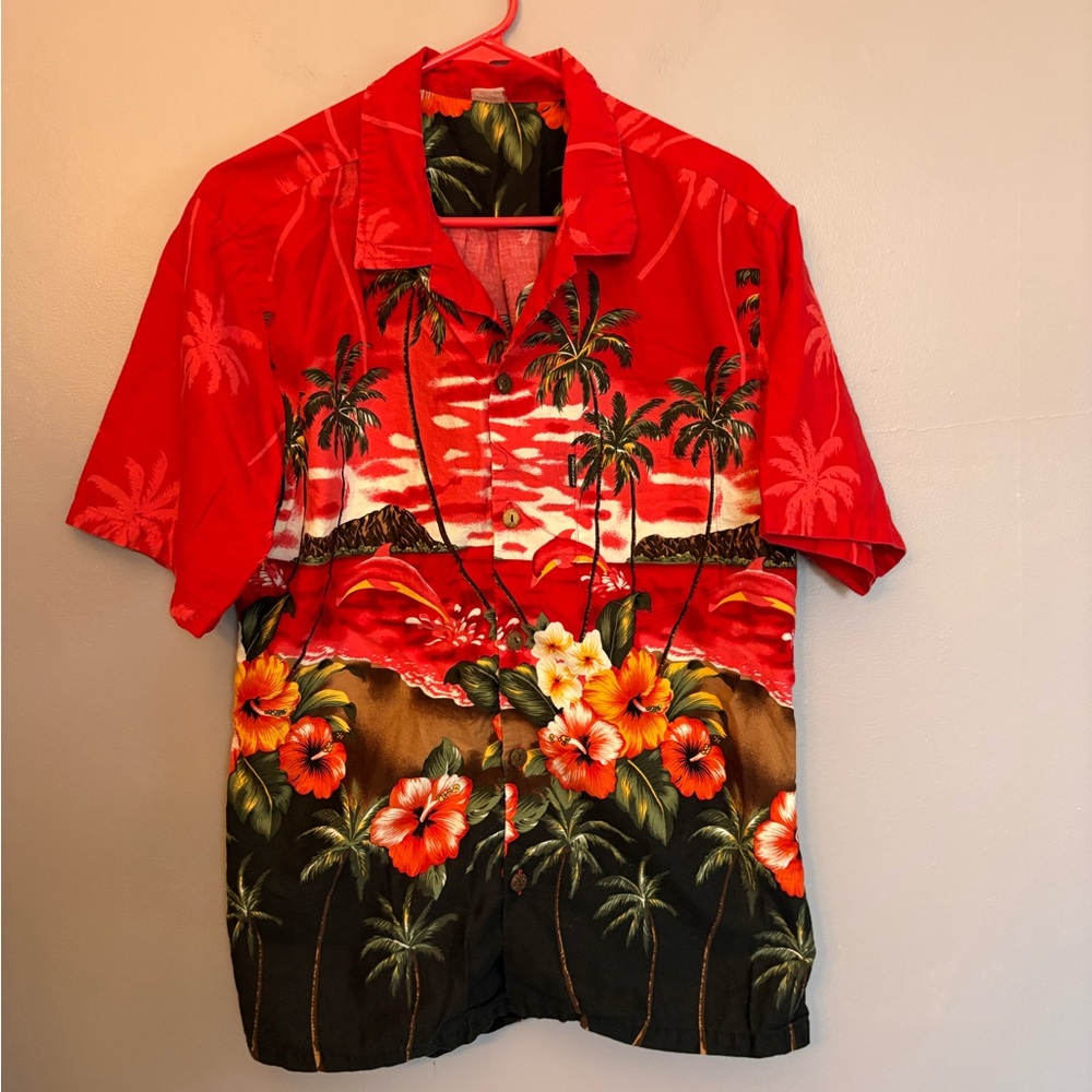 VTG Palmwave Red Tropical Hawaiian Button-Up Shirt Small-Medium‎